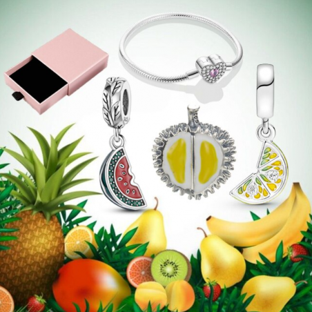 Bracelet avec trois charms coeur pastèque durian citron argent