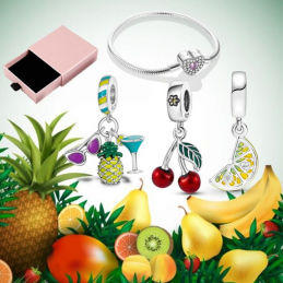 Bracelet avec trois charms coeur cocktail ananas cerise citron argent