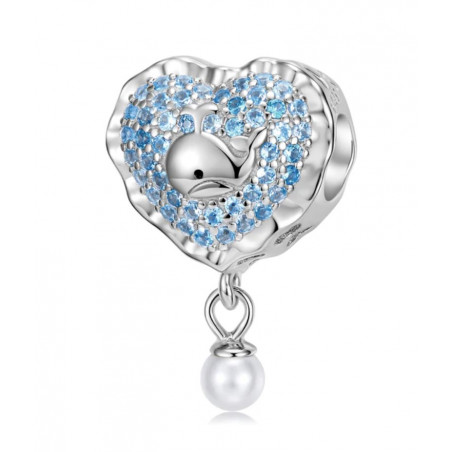Charm coeur baleine pierre bleu perle blanche argent pour bracelet