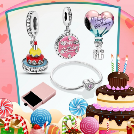 Bracelet avec trois charms coeur gateau anniversaire montgolfière argent pour bracelet
