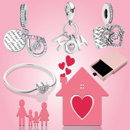 Bracelet avec trois charms double coeur maman infini pierre rose argent