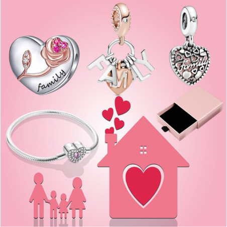 Bracelet avec trois charms coeur famille fleur rose argent