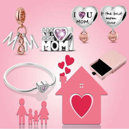 Bracelet avec trois charms coeur maman infini or rose pierre rose argent