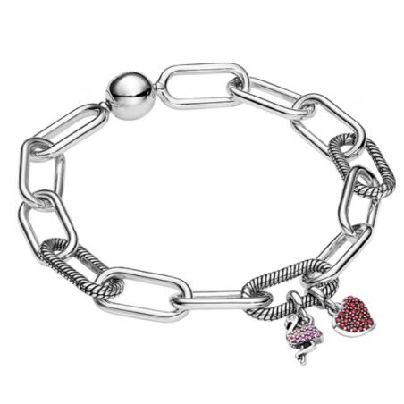 Bracelet maillon avec deux charms flamant rose coeur strass argent