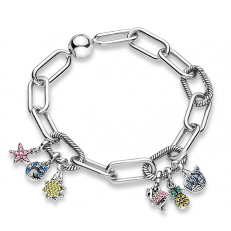 Bracelet maillon avec six charms étoile vague soleil flamant ananas baleine argent