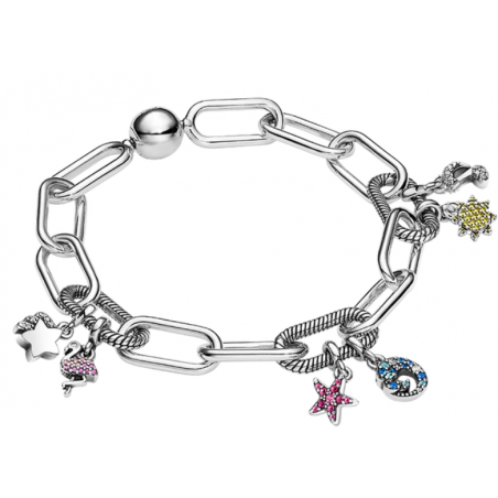 Bracelet maillon avec six charms étoile flamant vague soleil note musique argent