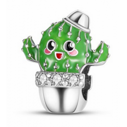 Charm cactus rigolo dans pot avec chapeau argent pour bracelet