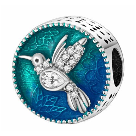Charm rond colibri strass bleu turquoise argent pour bracelet