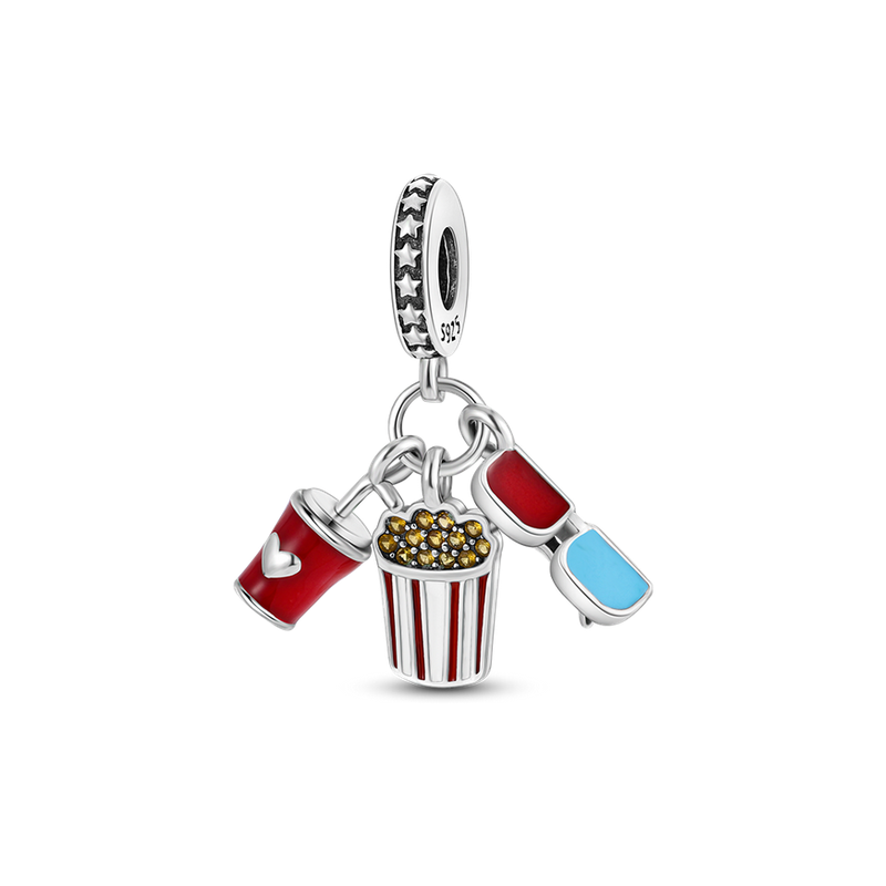 Charm cinéma popcorn boisson lunette argent pour bracelet