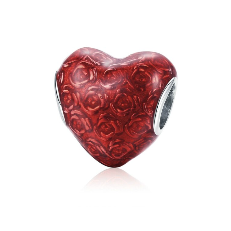 Charm coeur fleur rose rouge argent pour bracelet Charm coeur fleur rose rouge argent pour bracelet