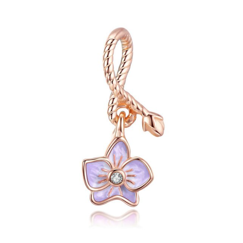 Charm fleur violette sur corde or rose argent pour bracelet