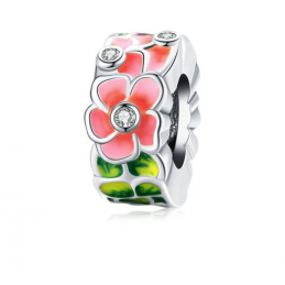 Charm séparateur fleur rose feuille argent pour bracelet