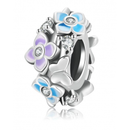Charm séparateur fleur bleu violette papillon argent pour bracelet