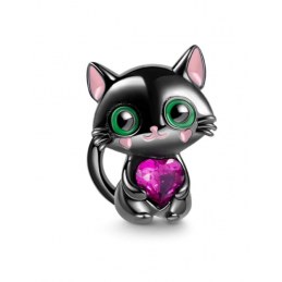 Charm chat noir mignon coeur pierre rose pour bracelet