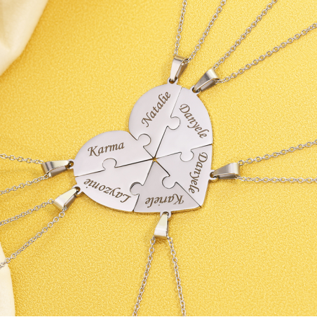 Collier personnalisable cadeau famille puzzle coeur prénom argent
