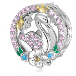 Charm cygne fleur couronne pierre rose argent pour bracelet