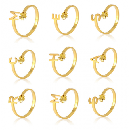 Bague lettre fleur cadeau maman ajustable doré
