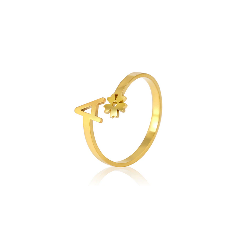 Bague lettre fleur cadeau maman ajustable doré