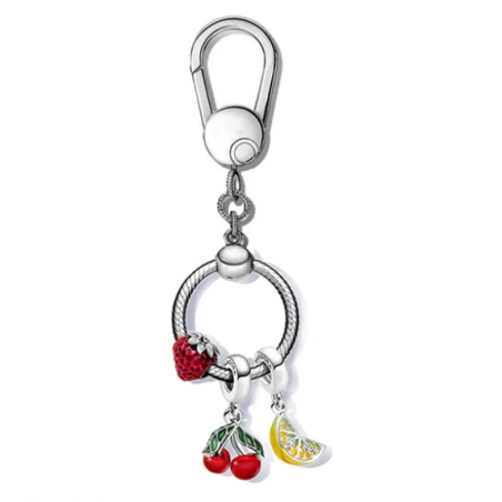 Porte clés rond bijoux argent avec charm fraise cerise citron