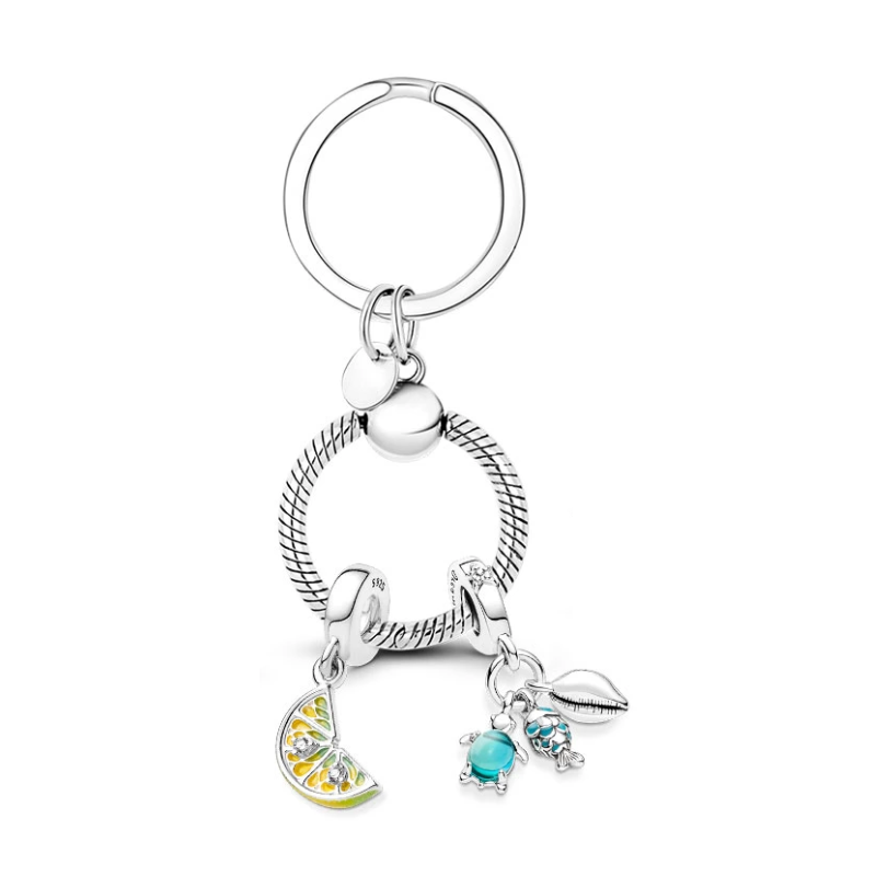 Porte clés rond bijoux argent avec charm citron tortue poisson coquillage Porte clés rond bijoux argent avec charm citron tortue poisson coquillage