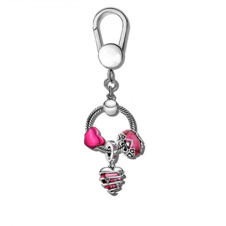 Porte clés rond bijoux argent avec charm coeur rose murano