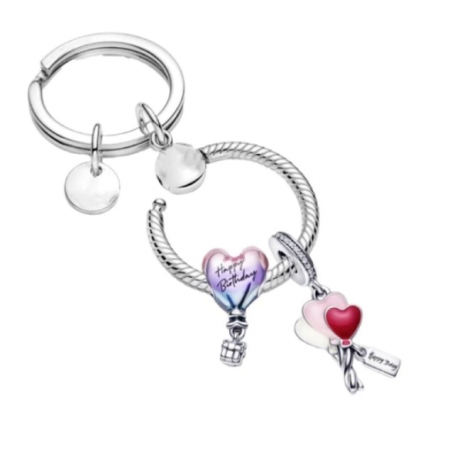 Porte clés rond bijoux argent avec charm montgolfière coeur