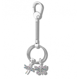 Porte clés rond bijoux argent avec charm libellule papillon multicolore