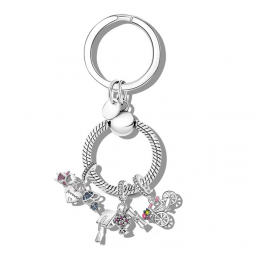 Porte clés rond bijoux argent avec charm vélo diplome enfant fleurs