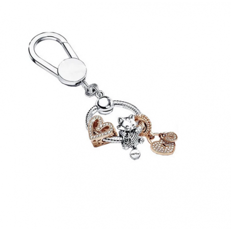 Porte clés rond bijoux argent avec charm coeur or strass chat pelote