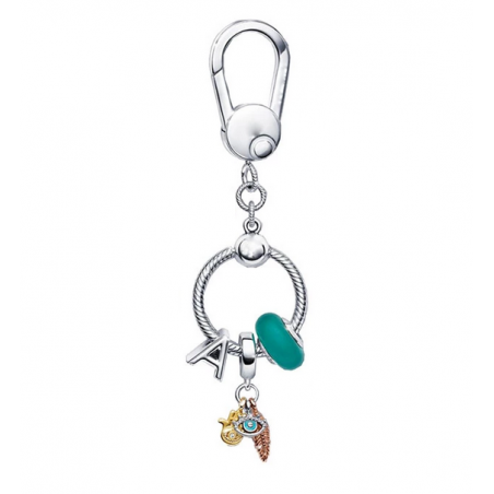 Porte clés rond bijoux argent avec charm lettre murano oeil plume main