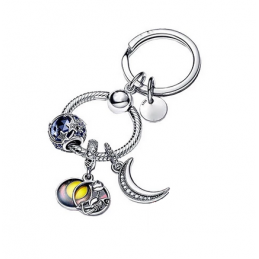 Porte clés rond bijoux argent avec charm étoile lune squelette