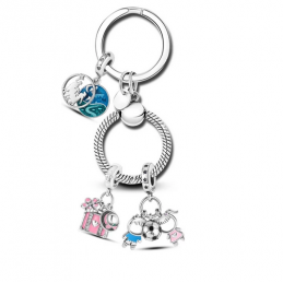 Porte clés rond bijoux argent avec charm enfant valise étoile ballon