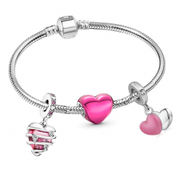 Bracelet avec trois charms coeur rose double argent