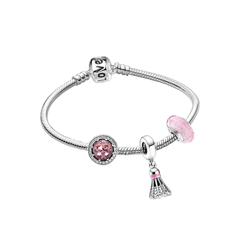 Bracelet avec trois charms volant badminton séparateur rose argent