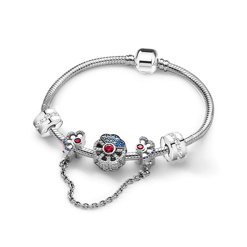 Bracelet avec quatres charms double fleur rouge bleue clip argent
