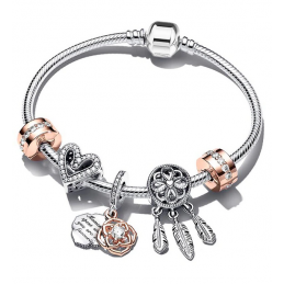Bracelet avec cinq charms coeur attrape rêve fleur argent clip or rose