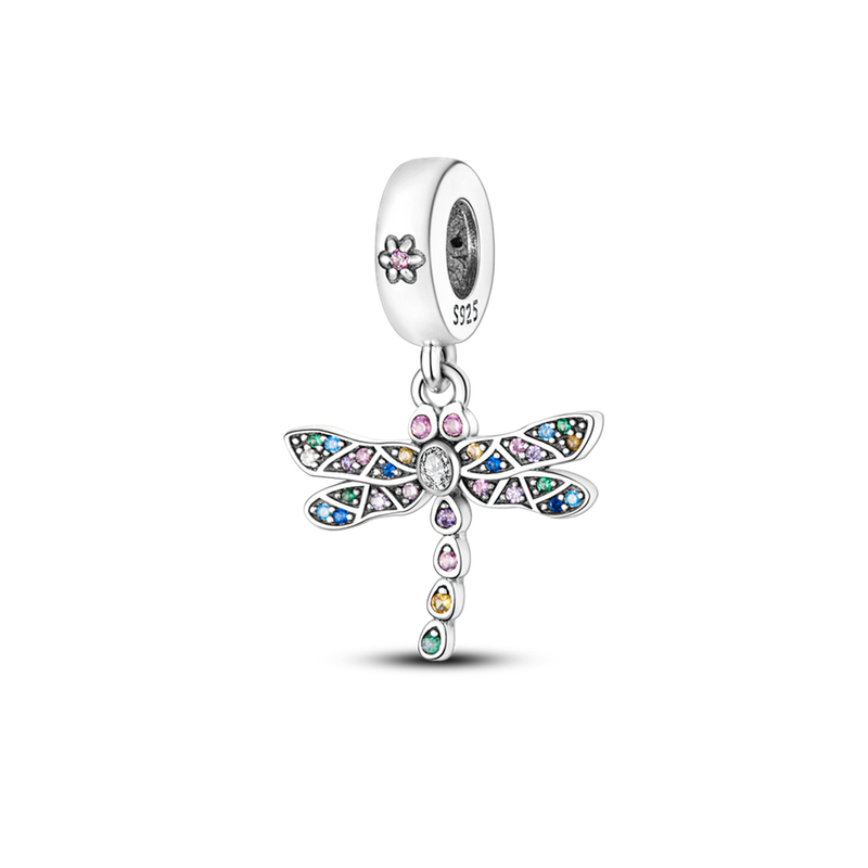 Charm libellule mosaique multicolore strass argent pour bracelet