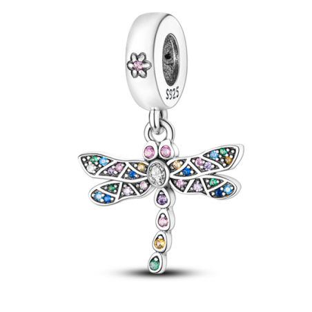 Charm libellule mosaique multicolore strass argent pour bracelet