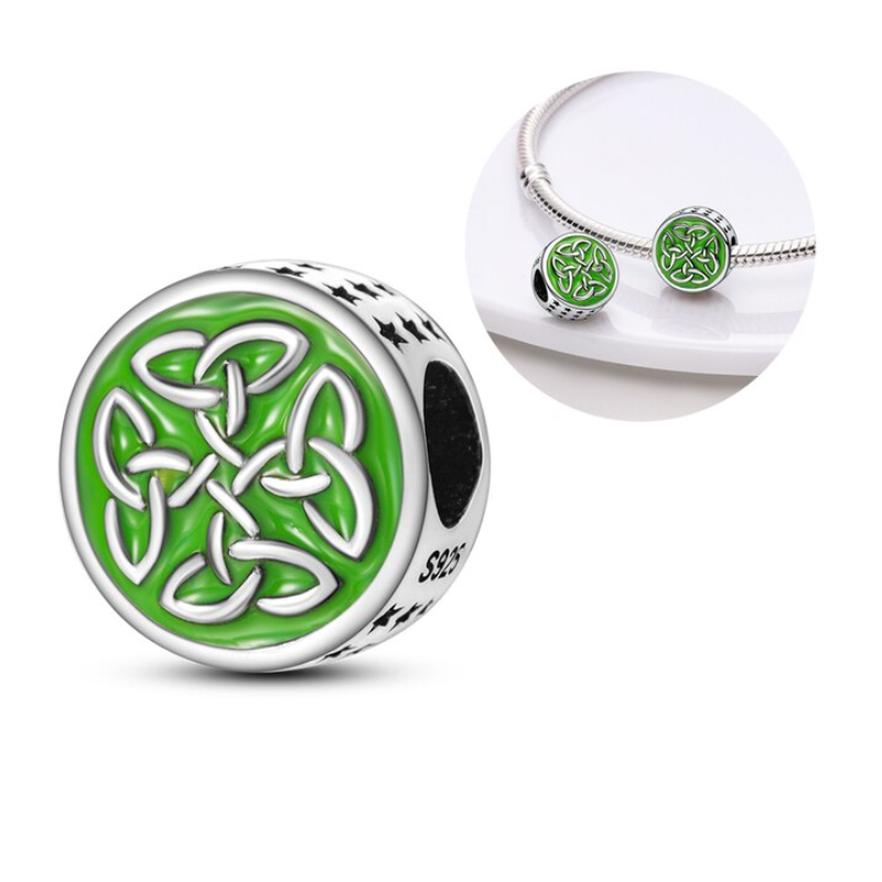 Charm rond dessin celte vert strass argent pour bracelet