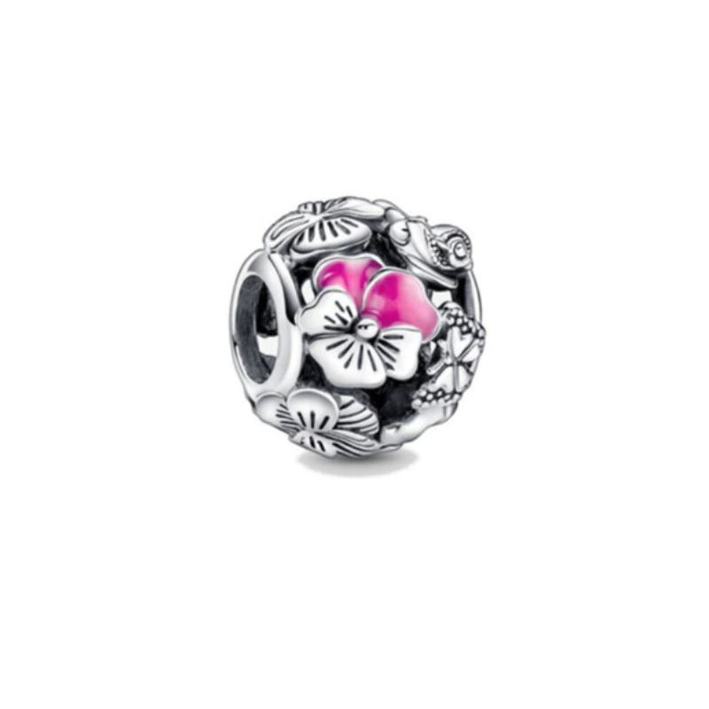 Charm boule de fleur rose argent pour bracelet