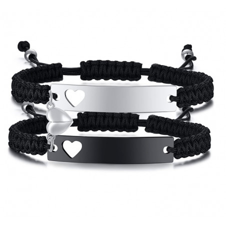 Lot de 2 bracelets personnalisable couple tressé coeur ajustable prénom argent noir