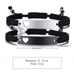 Lot de 2 bracelets personnalisable couple tressé coeur ajustable prénom argent noir
