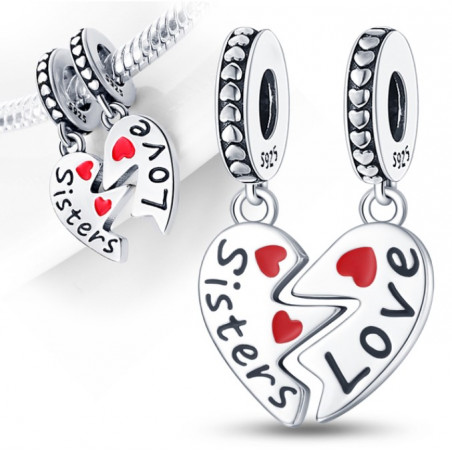 Lot de deux Charms coeur rouge soeur amour argent pour bracelet