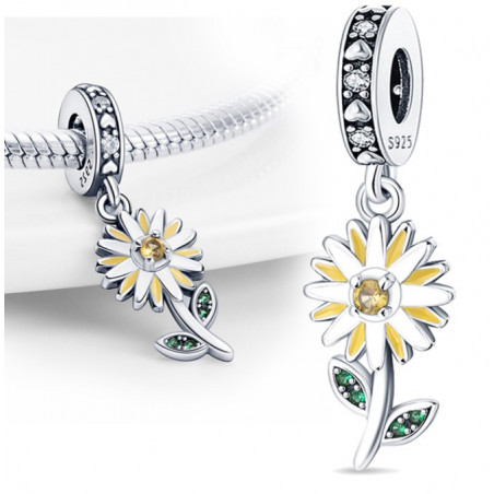 Charm fleur marguerite blanc jaune strass argent pour bracelet
