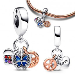 Charm papillon coeur "peace and love" strass argent or rose pour bracelet