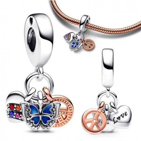 Charm papillon coeur "peace and love" strass argent or rose pour bracelet