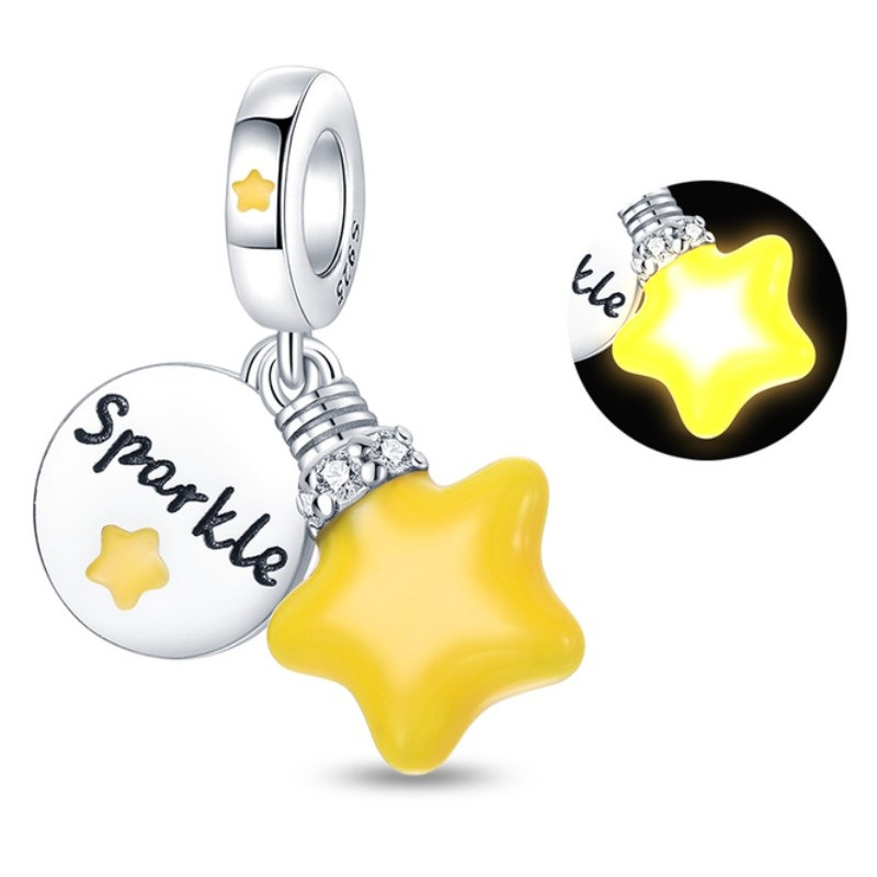 Charm phosphorescent étoile jaune brillante argent pour bracelet