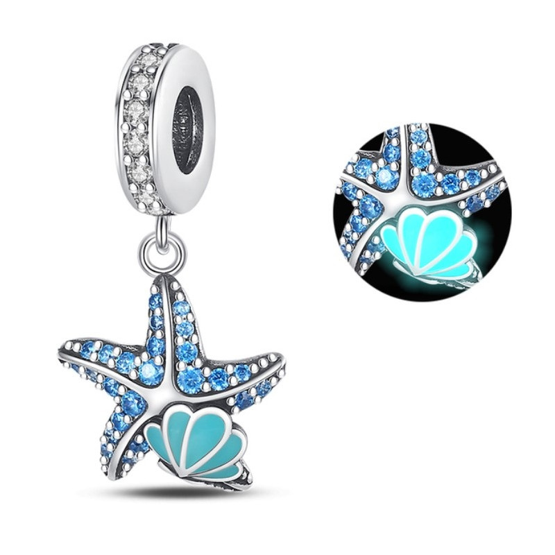 Charm phosphorescent étoile de mer strass bleu argent pour bracelet
