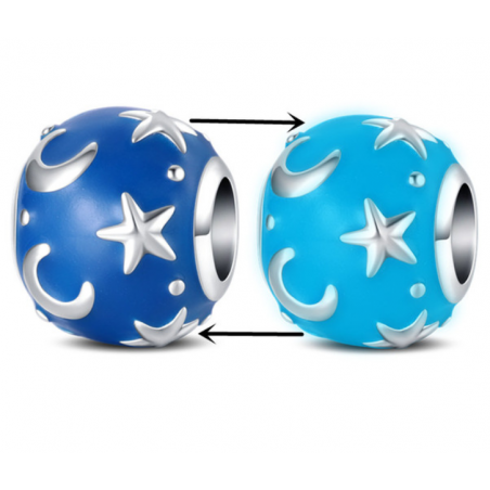 Charm sphère phosphorescente étoile lune bleue argent pour bracelet