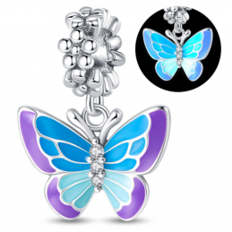 Charm phosphorescent fleur papillon rose bleu argent pour bracelet